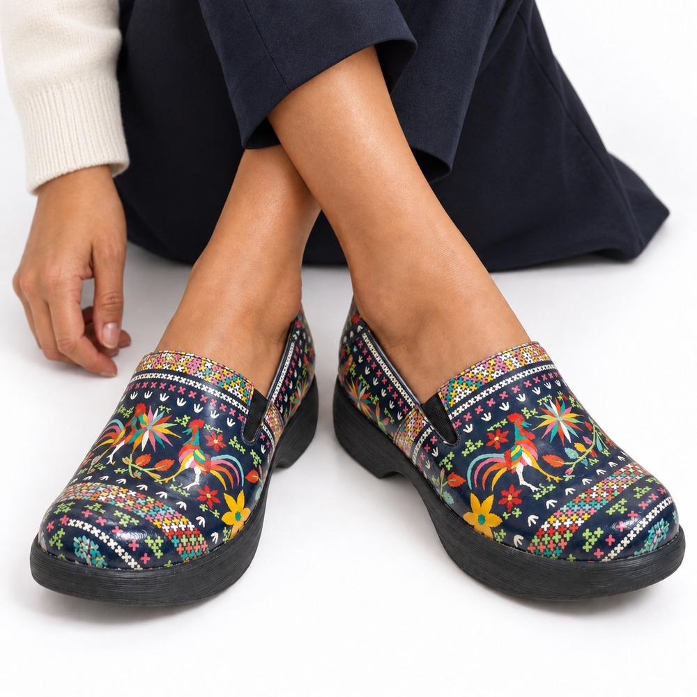Dansko Winona Clogs Navy Multicolor Patent Folk Art Boho Womens EU 39 US 8.5-9